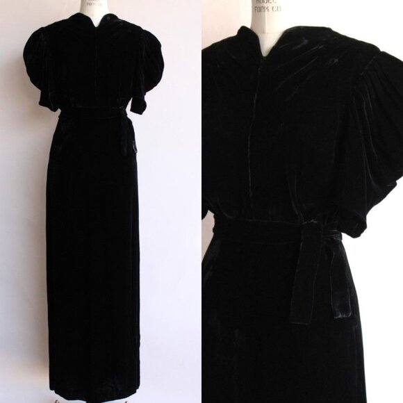 Vintage 1930s Dress, Kiviette Black Silk Velvet Rare Full Length Gown, Couture - Picture 1 of 13